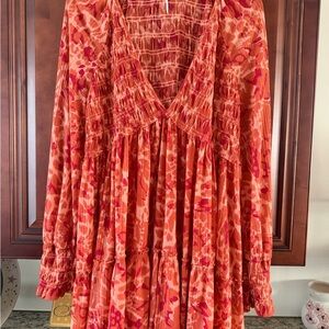 Free People Orange and Pink Floral Long Sleeve mini dress/ tunic top